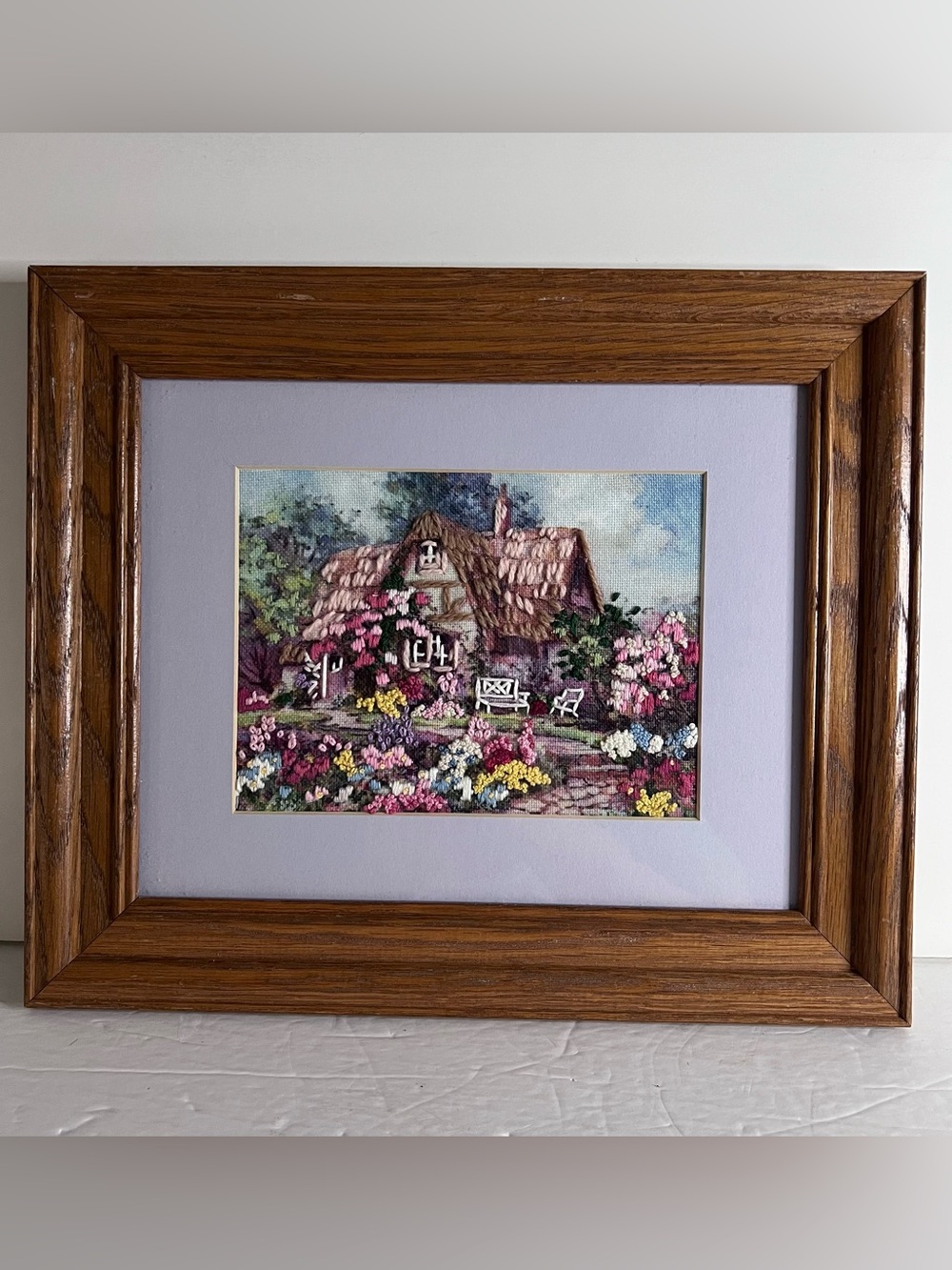 VTG Sunset English Cottage Floral Framed Matted Cross Stitch Needlepoint 12"x10"